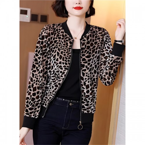 Stylish Leopard-Printed Velvet Zipper Bomber Jacket for Ladies